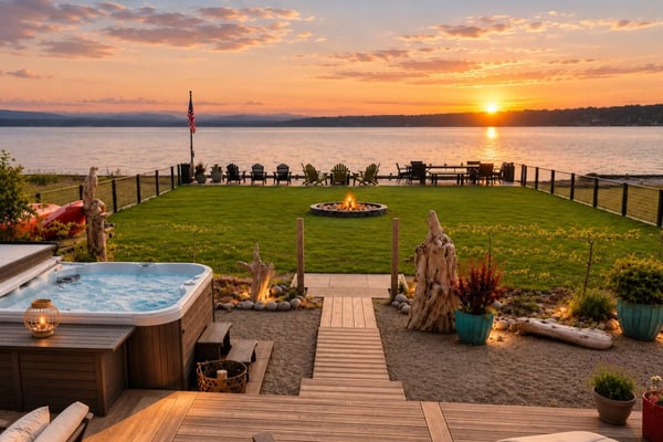 Waterfront property at sunset with hot tub, fire pit, lawn seating area, and lake view with American flag